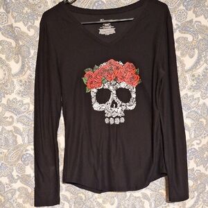 No Boundaries Black Long Sleeve Top with Skull and Roses